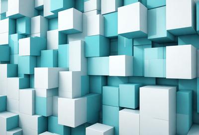 The primary subject of the image is a large blue wall with a pattern of white and blue cubes. The setting is a room with a blue and white color scheme. The visual style is a combination of digital art and illustration, creating a unique and eye-catching design. The dominant colors are blue and white, giving the wall a clean and modern appearance.