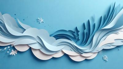 The primary subject of the image is a large wave, which is the main focus of the scene. The wave is depicted in a blue and white color scheme, giving it a calm and serene appearance. The setting is a blue background, which complements the colors of the wave. The visual style of the image is a combination of digital art and illustration, creating a realistic and detailed representation of the ocean wave.