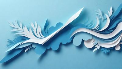 The primary subject of the image is a large, intricately designed paper cutout of a boat. The boat is blue and white, and it appears to be floating on a blue background. The visual style of the image is a combination of digital art and illustration, as the paper cutout is skillfully crafted and the colors are vibrant. The overall atmosphere of the image is calm and serene, as the boat appears to be gently gliding across the water.