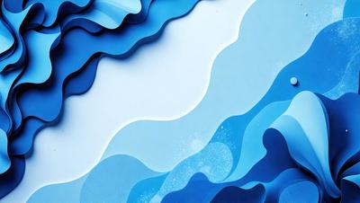 The primary subject of the image is a blue and white wave pattern. The setting is a white wall, and the visual style is a digital art or illustration. The dominant colors are blue and white, creating a calm and serene atmosphere.