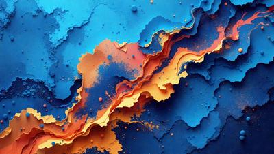 The primary subject of the image is a colorful, abstract artwork featuring a blue and orange color scheme. The setting is a blue and orange background, which complements the artwork. The visual style is a combination of digital art and illustration, creating a unique and vibrant piece. The colors and mood of the artwork are lively and energetic, with the blue and orange hues evoking a sense of movement and dynamism.
