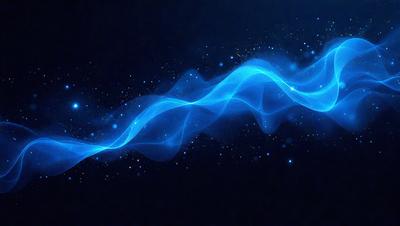 The primary subject of the image is a blue wave or ripple effect, which appears to be a digital art or illustration. The setting is a dark background, which contrasts with the blue wave. The visual style gives the impression of a futuristic or space-themed scene. The dominant colors are blue and black, creating a calm and serene atmosphere.