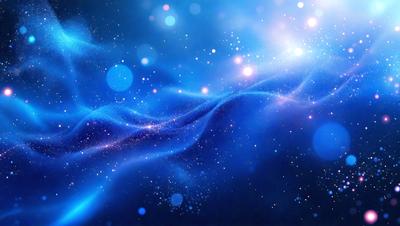 The primary subject of the image is a blue, swirling, and sparkling background. The setting is a space-like environment, with a backdrop of stars and a blue, shimmering, and flowing texture. The visual style is a digital art or illustration, creating a vibrant and dynamic atmosphere. The dominant colors are blue and white, with the blue hue creating a sense of depth and the white stars adding a touch of contrast. Overall, the image evokes a sense of wonder and exploration,