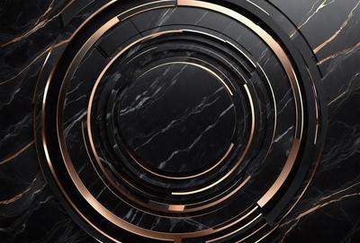 The primary subject of the image is a black and gold marble pattern. The setting is a black and gold marble surface, which serves as the background. The visual style is a combination of a photo and digital art, creating a unique and intricate pattern. The colors and mood of the image are predominantly black and gold, giving it a sophisticated and elegant appearance.