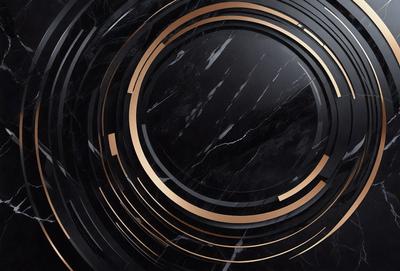 The primary subject of the image is a marble surface with a circular design. The setting is a black and gold marble background, which adds a sense of luxury and sophistication to the scene. The visual style is a combination of photo and digital art, creating a unique and eye-catching design. The colors and mood of the image are predominantly black and gold, giving it a sense of elegance and refinement.