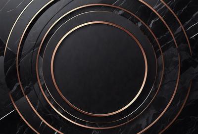 The primary subject of the image is a black marble table with a gold ring around it. The table is the main object, and it is set against a black background. The visual style of the image is a photo, and the dominant colors are black and gold. The overall atmosphere of the image is elegant and sophisticated.