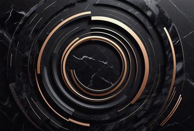 The primary subject of the image is a black and gold marble design. The setting is a black and gold marble surface, which serves as the background. The visual style is a combination of digital art and illustration, creating a unique and intricate pattern. The colors and mood of the image are predominantly black and gold, giving it a sophisticated and elegant appearance.