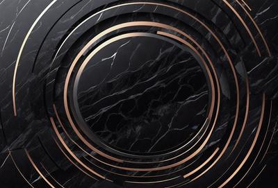The primary subject of the image is a black and gold marble design, which is the main focus of the image. The setting is a black and gold marble surface, which serves as the backdrop for the design. The visual style of the image is a combination of photo and digital art, creating a unique and intricate pattern. The colors and mood of the image are predominantly black and gold, giving it a sophisticated and elegant appearance.