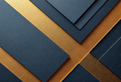 The primary subject of the image is a collection of different colored cards, including blue, gold, and brown. These cards are arranged in a visually appealing manner, creating a sense of harmony and balance. The setting is a table, and the visual style is a combination of photo and digital art. The colors and mood of the image are warm and inviting, with the gold and brown cards adding a touch of elegance and sophistication.