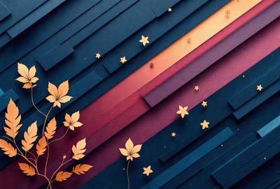 The primary subject of the image is a colorful and artistic display featuring a leaf pattern. The setting is a blue background, and the visual style appears to be a combination of digital art and illustration. The dominant colors in the image are blue, purple, and orange, creating a vibrant and lively atmosphere.