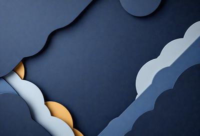 The primary subject of the image is a blue background with a cloudy sky. The setting is a dark blue background, which creates a moody atmosphere. The visual style is a combination of digital art and illustration, as the clouds are depicted in a stylized manner. The colors and mood of the image are predominantly dark and dramatic, with the blue background and cloudy sky contributing to the overall ambiance.
