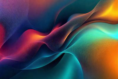 The primary subject of the image is a blue and orange abstract art piece. The setting is a blue background, and the visual style appears to be a digital art or illustration. The dominant colors in the image are blue and orange, creating a vibrant and lively atmosphere.