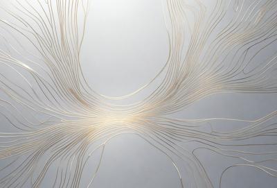 The primary subject of the image is a large, intricate, and artistic design made of thin, intertwined strands of yarn. The design is displayed on a wall, creating a visually striking pattern. The setting is a room with a wall that serves as the background for the artwork. The visual style of the image is a combination of digital art and illustration, showcasing the artist's skill in crafting a complex and detailed pattern. The colors and mood of the image are predominantly neutral,