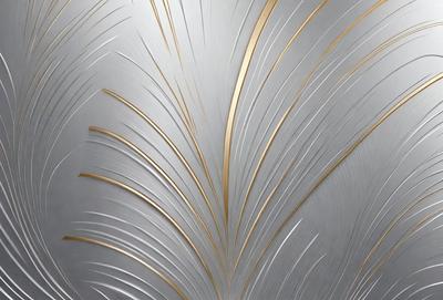 The primary subject of the image is a large, intricate, and shiny metal leaf design. The setting is a wall, and the visual style is a combination of photo and digital art. The dominant colors are silver and gold, creating a luxurious and elegant atmosphere.