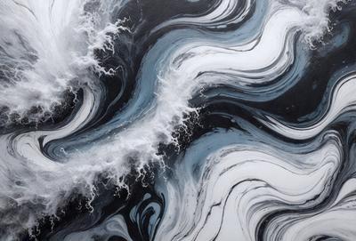 The primary subject of the image is a large wave, with a blue and white color scheme. The wave is crashing down, creating a dynamic and powerful scene. The setting is the ocean, with the wave being the main focus of the image. The visual style is a combination of photo and digital art, creating a realistic yet artistic representation of the wave. The colors and mood of the image are energetic and dramatic, with the blue and white hues evoking a sense of calmness and tranquility amidst