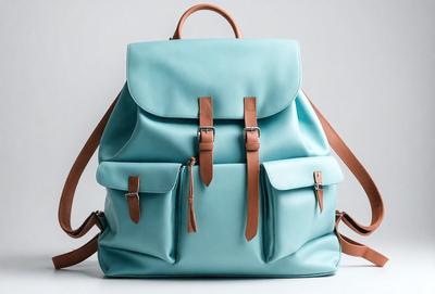 The primary subject of the image is a blue backpack. The setting is a white background, and the visual style is a photo. The colors and mood of the image are predominantly blue, creating a calm and serene atmosphere.