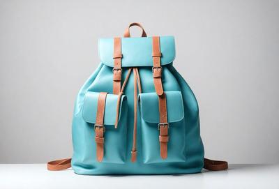 The primary subject of the image is a blue backpack with a leather strap. The backpack is placed on a white background, which creates a clean and minimalist appearance. The visual style of the image is a close-up of the backpack, showcasing its details and texture. The colors and mood of the image are predominantly blue, giving it a calm and serene atmosphere.