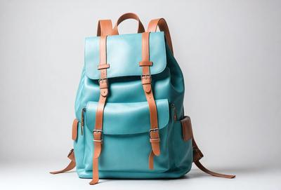 The primary subject of the image is a blue backpack with a brown leather strap. The backpack is placed on a white background, giving it a clean and minimalist appearance. The visual style of the image is a photo, capturing the details of the backpack and its strap. The colors and mood of the image are predominantly blue and white, creating a calm and serene atmosphere.