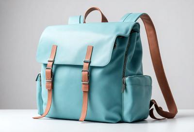 The primary subject of the image is a blue backpack. The setting is a white background, and the visual style is a photo. The colors and mood of the image are predominantly blue, creating a calm and serene atmosphere.