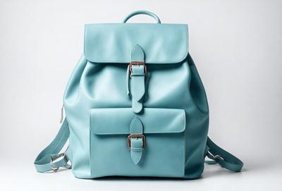 The primary subject of the image is a blue backpack. The setting is a white background, which provides a clean and minimalistic look. The visual style is a photo, capturing the details of the backpack. The colors and mood of the image are predominantly blue, giving it a calm and serene atmosphere.