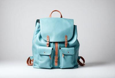 The primary subject of the image is a blue backpack. The setting is a white background, which provides a clean and minimalist appearance. The visual style is a close-up of the backpack, showcasing its details and colors. The dominant colors are blue and white, creating a calm and serene atmosphere.