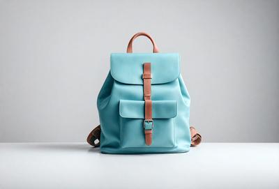The primary subject of the image is a light blue backpack. The backpack is placed on a white surface, which serves as the background. The visual style of the image is a photo, capturing the details of the backpack. The colors and mood of the image are predominantly light blue and neutral, creating a calm and serene atmosphere.