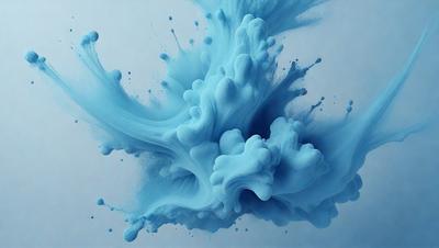 The primary subject of the image is a blue, swirling, and splashing mass of paint, which appears to be a digital art or illustration. The setting is a white background, and the visual style is a mix of digital art and painting. The dominant colors are blue and white, creating a sense of movement and energy. The overall atmosphere is dynamic and captivating.
