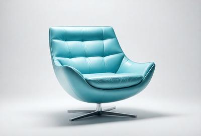 The primary subject of the image is a blue chair with a leather seat. The chair is placed on a white surface, which serves as the setting or background. The visual style of the image is a photo, capturing the chair in its natural environment. The dominant colors in the image are blue and white, creating a calm and soothing atmosphere.