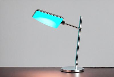 The primary subject of the image is a blue desk lamp with a white base. The lamp is turned on, and its light is shining brightly. The setting is a desk, and the visual style is a photo. The colors and mood of the image are predominantly white and blue, creating a clean and soothing atmosphere.