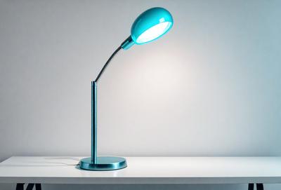 The primary subject of the image is a blue desk lamp. The lamp is placed on a white desk, which serves as the setting for the scene. The visual style of the image is a photo, capturing the lamp's light and color. The dominant colors in the image are blue and white, creating a calm and soothing atmosphere.