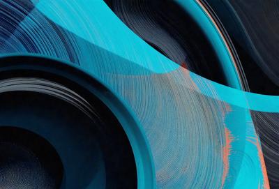 The primary subject of the image is a blue and orange spiral pattern. The setting is a black background, and the visual style appears to be a digital art or illustration. The dominant colors are blue and orange, creating a vibrant and dynamic atmosphere.