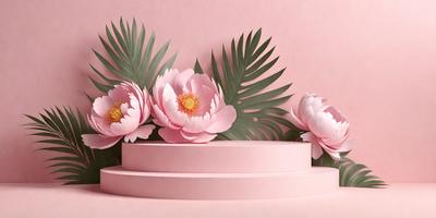 The primary subject of the image is a pink cake with white flowers on top. The cake is placed on a pink surface, which adds a vibrant touch to the scene. The setting appears to be a studio or a well-lit room, as the cake is the main focus of the image. The visual style is a combination of photo and digital art, creating a realistic yet artistic representation of the cake. The colors and mood of the image are predominantly pink and warm, evoking