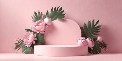 The primary subject of the image is a pink cake with a flower design on top. The cake is placed on a pink surface, which could be a table or a cake stand. The setting appears to be a decorative and elegant environment, possibly for a special occasion or celebration. The visual style of the image is a combination of photo and digital art, creating a visually appealing and artistic presentation. The colors and mood of the image are predominantly pink, which adds a sense of warmth