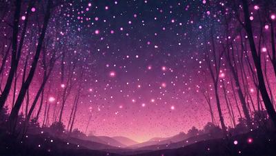The primary subject of the image is a night sky filled with stars. The setting is a mountainous area with trees in the foreground. The visual style is a digital art or illustration, creating a serene and peaceful atmosphere. The dominant colors are purple and pink, which are often associated with nighttime and the beauty of the stars.