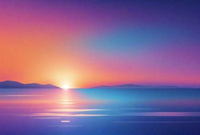 The primary subject of the image is a beautiful sunset over a body of water. The sun is setting behind the mountains, casting a warm glow over the scene. The setting/background features a large body of water, with mountains in the distance. The visual style of the image is a digital art or illustration, creating a serene and picturesque atmosphere. The colors and mood of the image are predominantly warm and calming, with the sunset and the water creating a sense of tranquility and natural beauty.
