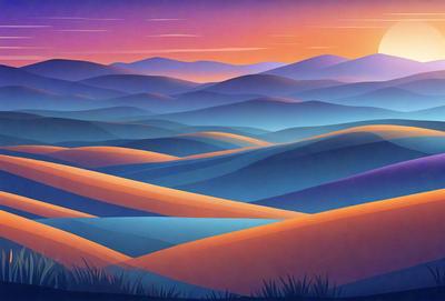 The primary subject of the image is a beautiful mountain landscape with a sunset in the background. The setting is a mountainous area with a mix of blue and orange hues, creating a serene and picturesque scene. The visual style of the image is a combination of digital art and illustration, giving it a unique and artistic appearance. The colors and mood of the image are predominantly blue and orange, with the blue hues representing the sky and the orange hues representing the sunset and the mountains.