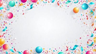 The primary subject of the image is a white background with a circle shape. The setting is a colorful and festive environment, with a variety of balloons and confetti surrounding the circle. The visual style is a combination of digital art and illustration, creating a vibrant and lively atmosphere. The colors and mood are predominantly cheerful and celebratory, with the use of bright and bold colors to create a sense of excitement and joy.