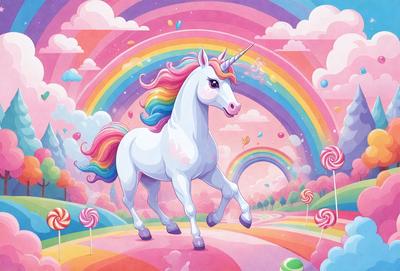 The primary subject of the image is a white unicorn with a rainbow mane and tail, standing in a pink and purple field. The setting is a colorful, whimsical environment with a rainbow background and clouds. The visual style is a digital art or illustration, creating a vibrant and lively atmosphere. The dominant colors are pink, purple, and white, with the rainbow adding a sense of joy and playfulness to the scene.