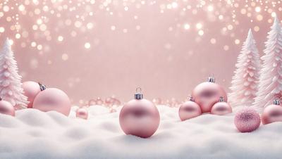 The primary subject of the image is a group of pink ornaments, which are likely Christmas ornaments, as they are placed in a snowy setting. The setting includes a pink background and a patterned surface, which adds to the festive atmosphere. The visual style of the image is a combination of photo and digital art, creating a unique and eye-catching display. The colors and mood of the image are predominantly pink, which is associated with warmth, love, and celebration, making it an ideal