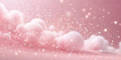 The primary subject of the image is a pink background with a cloud of pink bubbles floating in the air. The setting appears to be a pink and white room, creating a warm and inviting atmosphere. The visual style of the image is a combination of photo and digital art, giving it a unique and artistic appearance. The dominant colors in the image are pink and white, which contribute to the overall mood of the scene.