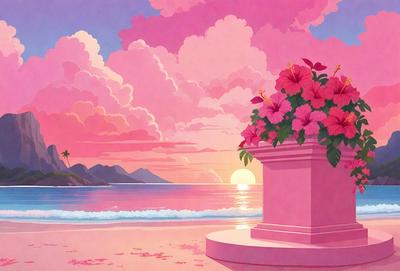The primary subject of the image is a pink vase filled with flowers, which is placed on a white pedestal. The setting is a beach, with the ocean visible in the background. The visual style is a combination of digital art and illustration, creating a vibrant and colorful scene. The dominant colors are pink and white, giving the image a warm and inviting atmosphere.