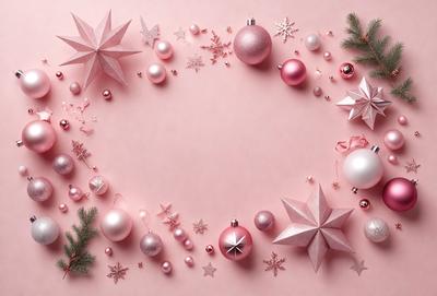 The primary subject of the image is a pink circle with a string of pink ornaments, including stars and snowflakes, surrounding it. The setting is a pink background, and the visual style appears to be a combination of digital art and illustration. The colors and mood of the image are predominantly pink, creating a warm and festive atmosphere.