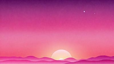 The primary subject of the image is a beautiful sunset, with the sun setting over a mountain range. The setting is a pink sky, which adds to the serene and picturesque atmosphere. The visual style of the image is a combination of digital art and illustration, creating a stunning and vibrant scene. The colors and mood of the image are predominantly pink, which adds to the warmth and tranquility of the sunset.