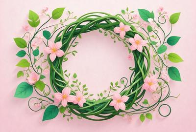 The primary subject of the image is a green wreath with pink flowers. The wreath is placed on a pink background, which adds a warm and inviting atmosphere to the scene. The visual style of the image is a combination of digital art and illustration, creating a vibrant and detailed representation of the wreath and flowers. The colors and mood of the image are predominantly pink and green, with the pink flowers and greenery creating a sense of freshness and natural beauty.