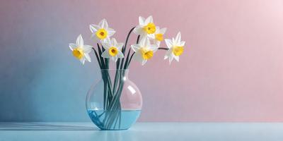 The primary subject of the image is a vase filled with white and yellow flowers. The vase is placed on a table, and the flowers are arranged in a clear glass vase. The setting is a room with a blue wall, which adds a calming and serene atmosphere to the scene. The visual style of the image is a realistic representation of the flowers and vase, capturing the beauty and details of the subject.