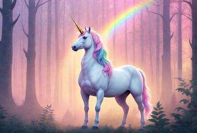 Primary subject: A white unicorn with a rainbow mane and tail.

Setting/background: A forest with trees and a rainbow in the background.

Visual style: Digital art.

Colors and mood: The unicorn has a white body with a rainbow mane and tail, creating a vibrant and cheerful atmosphere.