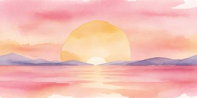 The primary subject of the image is a beautiful sunset over a body of water. The sun is setting behind the water, creating a warm and serene atmosphere. The setting includes a mountain in the background, adding to the picturesque scene. The visual style of the image is a watercolor painting, which gives it a vibrant and artistic appearance. The dominant colors in the painting are pink, orange, and yellow, which are associated with the sunset and the warmth of the scene.