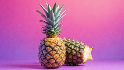 The primary subject of the image is a pineapple, which is the main object, scene, or focus of the image. The pineapple is placed on a purple surface, which serves as the setting or background. The visual style of the image is a photo, as it captures the natural appearance of the pineapple. The colors and mood of the image are predominantly purple, which gives the scene a calm and serene atmosphere.