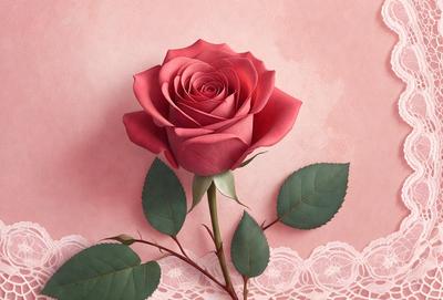 The primary subject of the image is a single pink rose. The rose is placed on a pink background, which adds a touch of elegance to the scene. The visual style of the image is a close-up of the rose, showcasing its details and beauty. The colors in the image are predominantly pink, which creates a warm and romantic atmosphere.