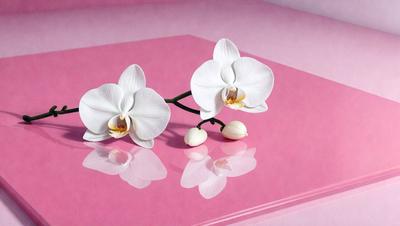 The primary subject of the image is a pair of white orchids with yellow centers. They are placed on a pink surface, which serves as the setting and background. The orchids are depicted in a realistic manner, giving the visual style an artistic and natural appearance. The colors of the orchids and the pink surface create a warm and inviting atmosphere.